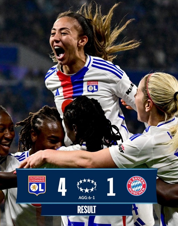 里昂女足4-1大勝拜仁女足，總比分6-1晉級女足歐冠半決賽